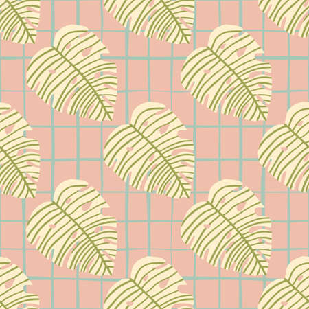 Pastel botanic pattern with light green monstera leaves on pink chequered background. Vector illustration. Perfect design for wallpaper, wrapping paper, kids clothes, textile, fabric.のイラスト素材