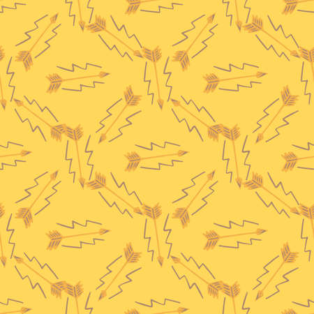 Seamless pattern with orange arrows and purple elements. Yellow background. Decorative backdrop for fabric design, textile print, wrapping, cover. Vector illustration.のイラスト素材