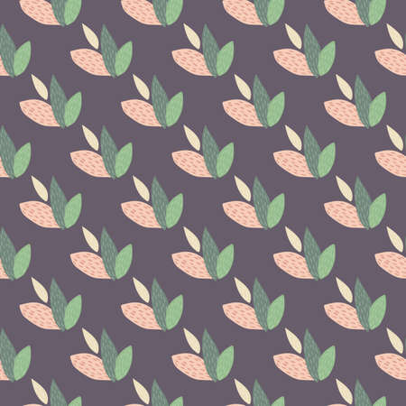 Leaves ornament seamless pattern in green and pink colors. Purple background. Scandinavian style. Designed for textile, wrapping paper, wallpaper, fabric print. Vector illustration.のイラスト素材