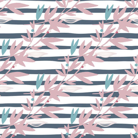 Seamless pattern with floral lilac branches. White background with blue strips. Vector illustration. Can be used for wallpaper, pattern fills, surface textures, fabric prints.のイラスト素材