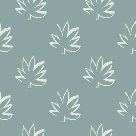Seamless pattern with outline white cannabis leaves on pastel blue background. Marijuana outline silhouette backdrop. Vector fabric designのイラスト素材
