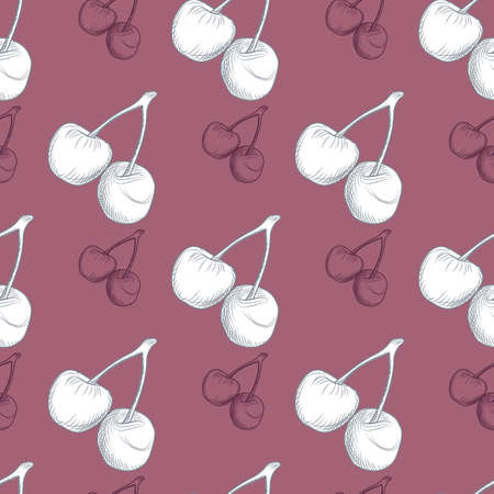 White cherry silhouette seamless pattern on burgundy background. Creative food backdrop. Good for textile, wrapping paper, wallpapers, fabric print. Vector illustration.のイラスト素材