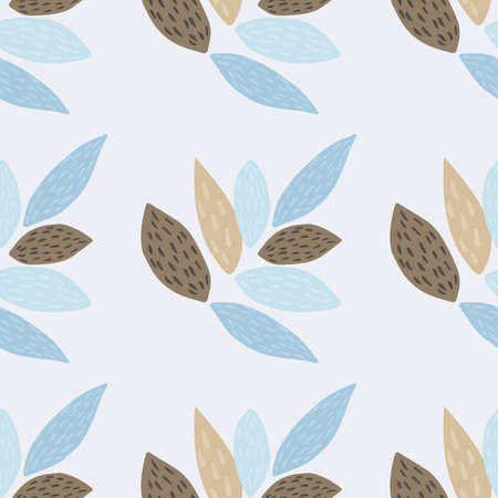 Botanic seamless pattern with ornament leafs. Light background with brown and blue elements in scandinavian style. Great for fabric, textile, wrapping paper, wallpaper. Vector illustration.のイラスト素材