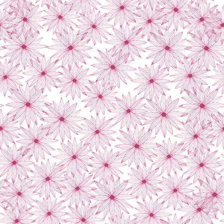 Random seamless pattern pink flowers on a white background. Vintage hand-drawn sketch with daisy. Decorative backdrop for fabric design, textile print, wrapping, cover. Vector illustrationのイラスト素材