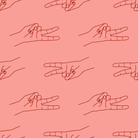 Seamless pattern with victory gesture. Silhouette red linear contour on a red background. Two fingers raised up. Designed for textile, wrapping paper, fabric print. Vector illustration.のイラスト素材