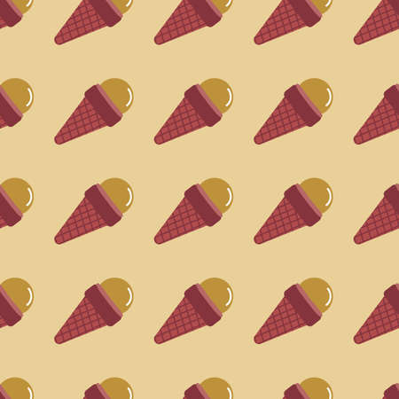 Ice cream in waffle cone seamless food pattern. Design in burgundy and beige colors. Simple wallpaper. Decorative backdrop for fabric, textile, wrapping paper. Vector illustration.のイラスト素材