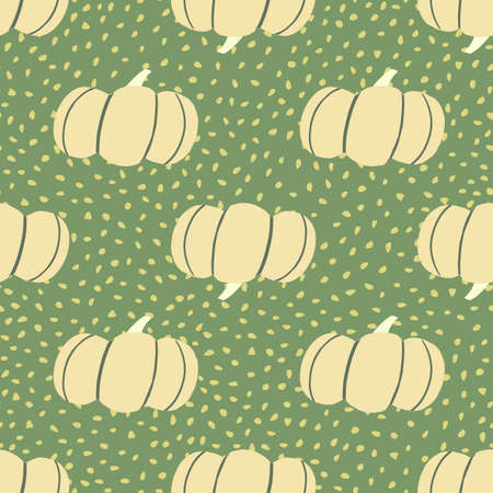 Autumn food pumpkin doodle seamless pattern. Green background with dots and light vegetable elements. Great for wrapping paper, textile, fabric print and wallpaper. Vector illustration.のイラスト素材