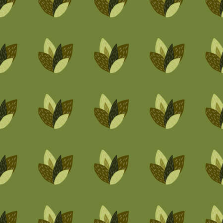 Brown and green leaves in seamless pattern with olive background. Perfect for wallpaper, web page background, fabric print, wrapping paper. Vector illustration.のイラスト素材
