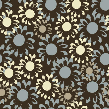 Blue and light beige floral elements on dark brown background. Seamless botanic pattern. Great for fabric, textile, wrapping paper, wallpaper. Vector illustration.のイラスト素材