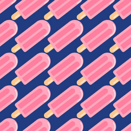 Bright seamless pattern with fruit ice. Navy blue background and diagonal located food elements in pink colors. Designed for wallpaper, textile, wrapping paper, fabric print. Vector illustration.のイラスト素材