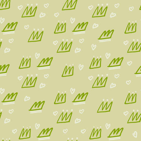 Seamless random pattern with crown elements and hearts. Outline ornament with green contour on pastel beige background. Perfect for wallpaper, wrapping paper, textile print, fabric. Vectorのイラスト素材