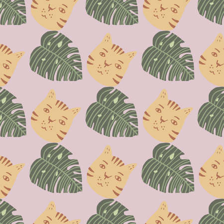 Seamless pattern with cats and monstera leafs. Pastel tones artwork. Light purple background. Designed for wallpaper, textile, wrapping paper, fabric print. Vector illustration.のイラスト素材