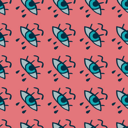 Seamless pop art pattern with cry eyes. Pink background and blue elements. Creative backdrop. Perfect for wallpaper, wrapping paper, textile print, fabric. Vector illustration.のイラスト素材