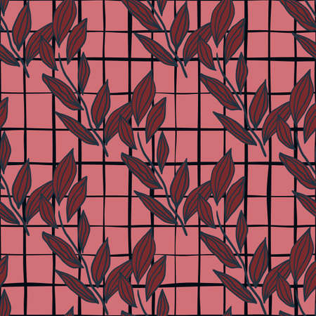 Simple seamless doodle pattern with contoured floral red leaves on pink background with check. Simple backdrop. Perfect for wallpaper, wrapping paper, textile print, fabric. Vector illustration.のイラスト素材