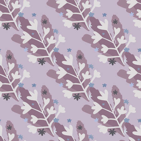 Botanic seamless doodle pattern with white branches and purple foliage. Light pastel background....