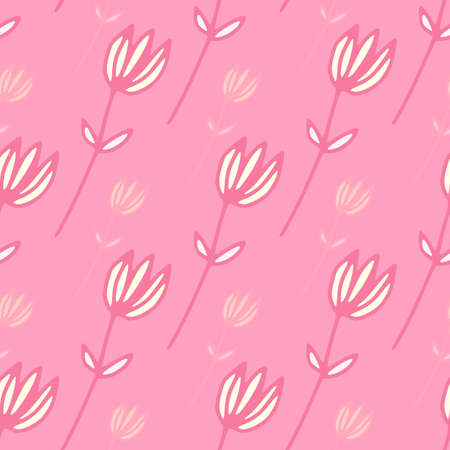 Simple outline flowers seamless doodle pattern. Pink background and white elements. Great for wrapping paper, textile, fabric print and wallpaper. Vector illustration.のイラスト素材