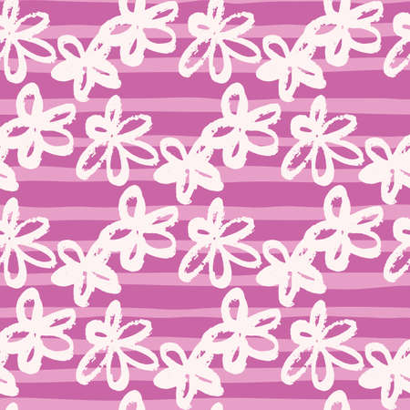 Daisy grunge seamless pattern. Hand drawn brush design with white contoured flowers silhouettes. Pink and lilac stripped background. For wallpaper, wrapping paper, textile print, fabric. Vectorのイラスト素材