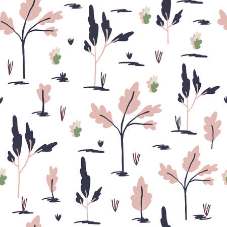 Tree forest isolated silhouettes seamless pattern. White background with pink and navy blue botanic silhouettes. Great for wrapping paper, textile, fabric print and wallpaper. Vector illustration.のイラスト素材