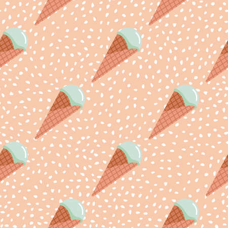 Ice cream seamless pattern. Pink background with white dots and turquoise cream in waffle cone. Food backdrop. Perfect for wrapping paper, wallpaper, textile print and fabric. Vector illustration.のイラスト素材