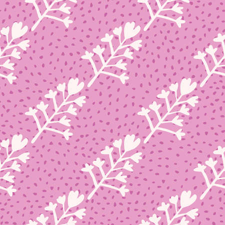 Natural vector seamless pattern with floral ornament. White botanic silhouettes on bright lilac background with dots. Decorative backdrop for wallpaper, wrapping paper, textile print, fabric.のイラスト素材