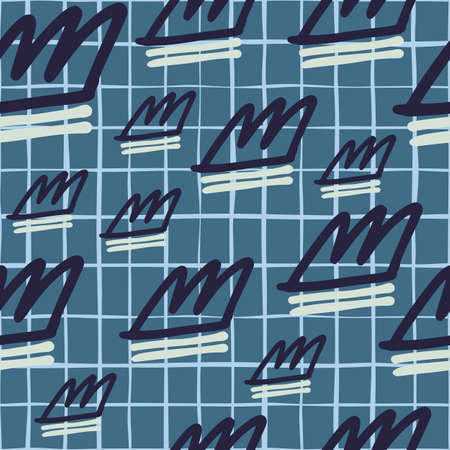 Random naive seamless pattern with crown outline ornament. Navy blue background with check. Perfect...