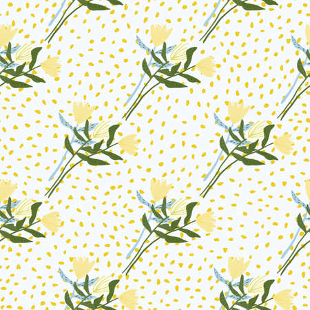 Summer seamless floral pattern with yellow tulip flowers. White background with dots. Simple botanic backdrop. Designed for wallpaper, textile, wrapping paper, fabric print. Vector illustration.のイラスト素材