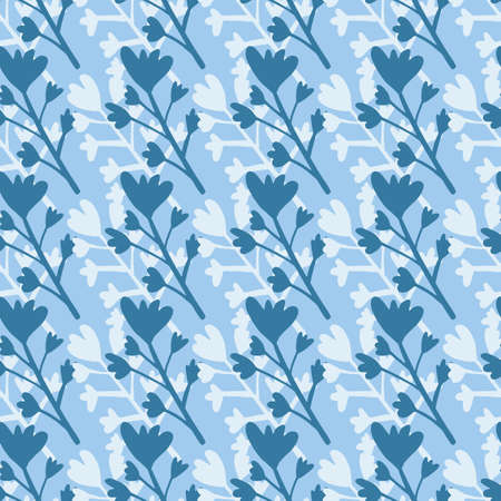Dark blue and white flowers silhouettes seamless doodle pattern. Pastel blue background. Decorative backdrop for wallpaper, wrapping paper, textile print, fabric. Vector illustration.のイラスト素材