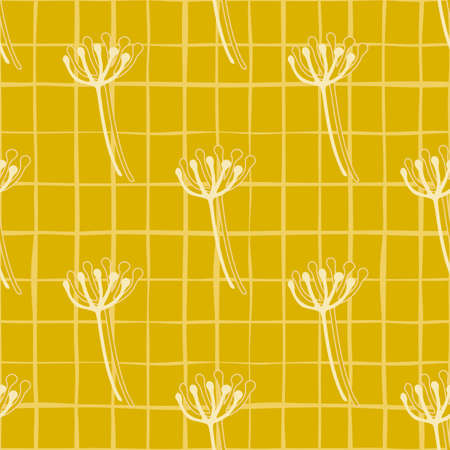Bright summer floral seamless pattern with white outline dandelion figures. Yellow background with check. Great for wrapping paper, textile, fabric print and wallpaper. Vector illustration.のイラスト素材