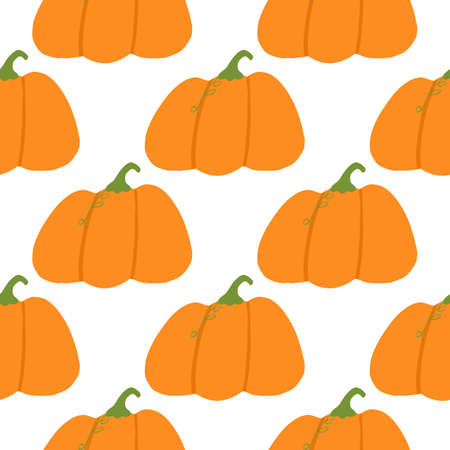 Isolated seamless food pattern with pumpkin doodle ornament. White background and bright orange vegetable. Designed for wallpaper, textile, wrapping paper, fabric print. Vector illustration.のイラスト素材