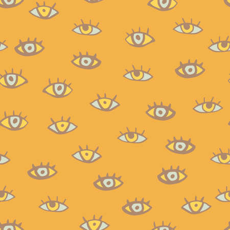 Doodle seamless pattern with eyes. Hand drawn elements on orange background. Designed for wallpaper, textile, wrapping paper, fabric print. Vector illustration.のイラスト素材