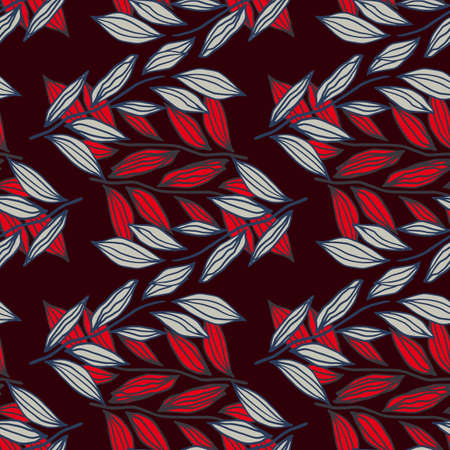Doodle seamless pattern with contoured leaves branches. Foliage in red and blue colors on black background. Designed for wallpaper, textile, wrapping paper, fabric print. Vector illustration.のイラスト素材