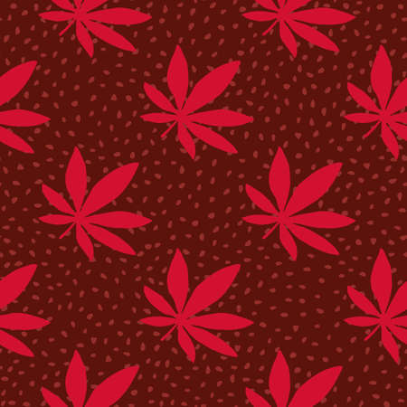 Ganja hand drawn seamless pattern. Maroon background with dots and red cannabis leaves. Great for wrapping paper, textile, fabric print and wallpaper. Vector illustration.のイラスト素材
