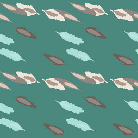 Scribble forest elements seamless pattern. Brown and blue leaves on tuquoise background. Creative artwork. Perfect for wallpaper, wrapping paper, textile print, fabric. Vector illustration.のイラスト素材