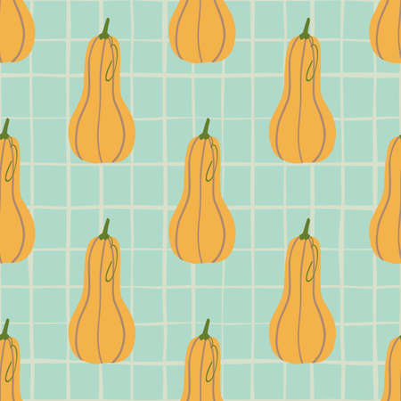 Autumn food pumpkin doodle seamless pattern. Blue background with check and light orange vegetable elements. Designed for wallpaper, textile, wrapping paper, fabric print. Vector illustration.のイラスト素材