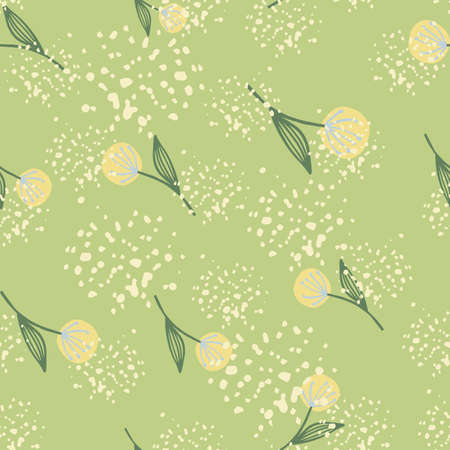 Abstract doodle dandelion on seamless pattern. Light green background. Botanical wallpaper. For...