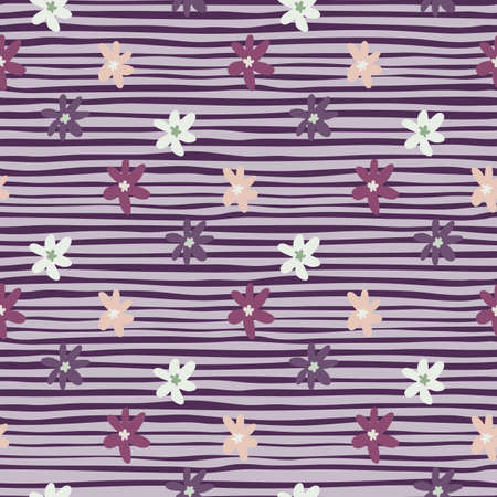 Daisy floral seamless pattern with purple stripped background. Flower elements in white and pink colors. Decorative backdrop for wallpaper, wrapping paper, textile print, fabric. Vector illustration.のイラスト素材