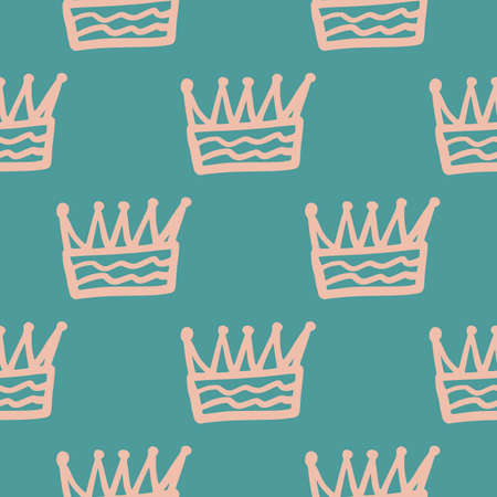 Pink contoured crown outline abstract elements seamless pattern. Turquoise background. Simple doodle print. Designed for wallpaper, textile, wrapping paper, fabric print. Vector illustration.のイラスト素材