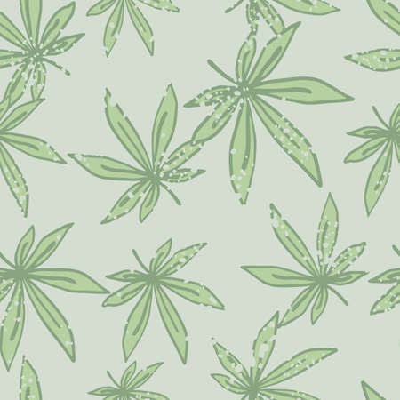 Seamless doodle random pattern with light green marijuana leafs. Light gray background. Designed for wallpaper, textile, wrapping paper, fabric print. Vector illustration.のイラスト素材