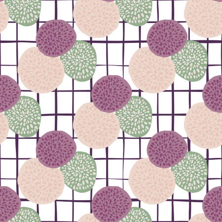 Dot circles bright doodle pattern with white checkered background. Purple, light green and pink figure elements. Design for wallpaper, textile, wrapping paper, fabric print. Vector illustration.のイラスト素材