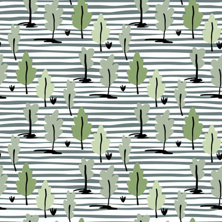 Botanic seamless doodle pattern with tree elements. Forest ornament in green and gray tones on stripped background. Decorative print for wallpaper, wrapping, textile print, fabric. Vector illustrationのイラスト素材