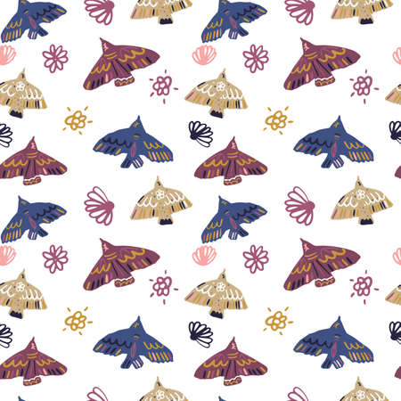 Isolated bird silhouettes seamless pattern. Colorful animals and contoured flower elements on white background. Designed for wallpaper, textile, wrapping paper, fabric print. Vector illustration.のイラスト素材