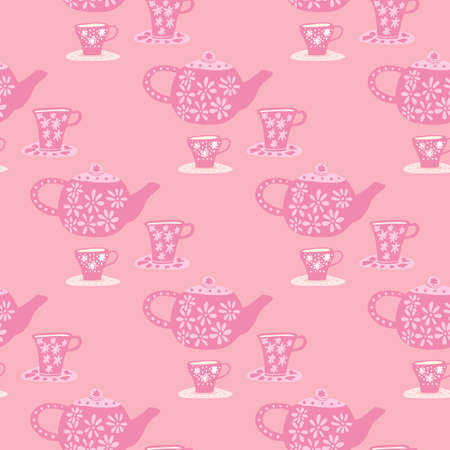 Traditional seamless pattern with doodle tea ceremony elements. Pink palette cafe print. Perfect for wallpaper, textile, wrapping paper, fabric print. Vector illustration.のイラスト素材