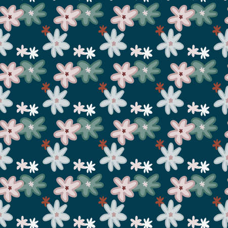 Chamomile seamless doodle naive pattern. Dark turquoise background with pink and blue floral ornament. Designed for wallpaper, textile, wrapping paper, fabric print. Vector illustration.のイラスト素材