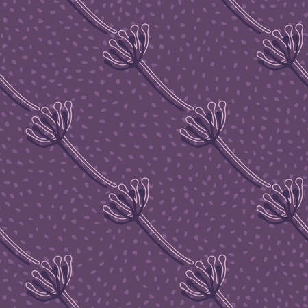 Botanic seamless pattern with dark floral dandelion silhouettes. Purple background with dots. Simple backdrop. Great for wrapping paper, textile, fabric print and wallpaper. Vector illustration.のイラスト素材