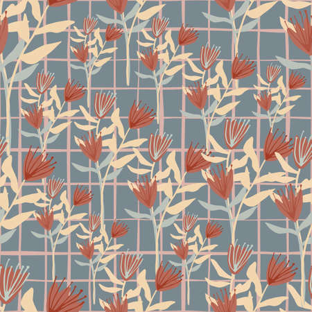 Random seamless pattern with pastel flower silhouettes. Soft blue background with check. Red and...