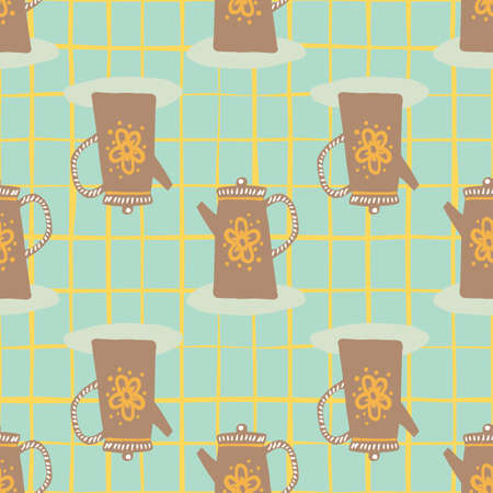 Brown teapots silhouettes seamless pattern. Hand drawn dish elements on tuquoise background with check. Perfect for wallpaper, textile, wrapping paper, fabric print. Vector illustration.のイラスト素材