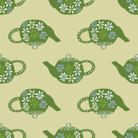Green teapots ornament seamless pattern. Ceramic dishes with flowers on light beige background. Perfect for wallpaper, textile, wrapping paper, fabric print. Vector illustration.のイラスト素材