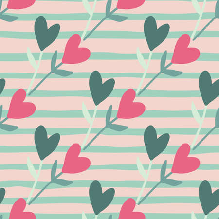 Seamless bright naive pattern with heart flowers silhouettes. Light lilac and turquoise stripped background. Blue and pink hearts. For wallpaper, wrapping paper, textile print, fabric. Vectorのイラスト素材