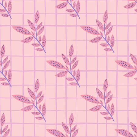 Branch leaves seamless doodle pattern. Floral silhouettes and background with check in pink color palette. Great for wallpaper, textile, wrapping paper, fabric print. Vector illustration.のイラスト素材