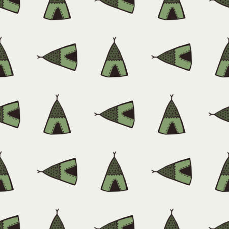 Green wigwam elements seamless pattern. Stylized traditional print with light background. Simple...